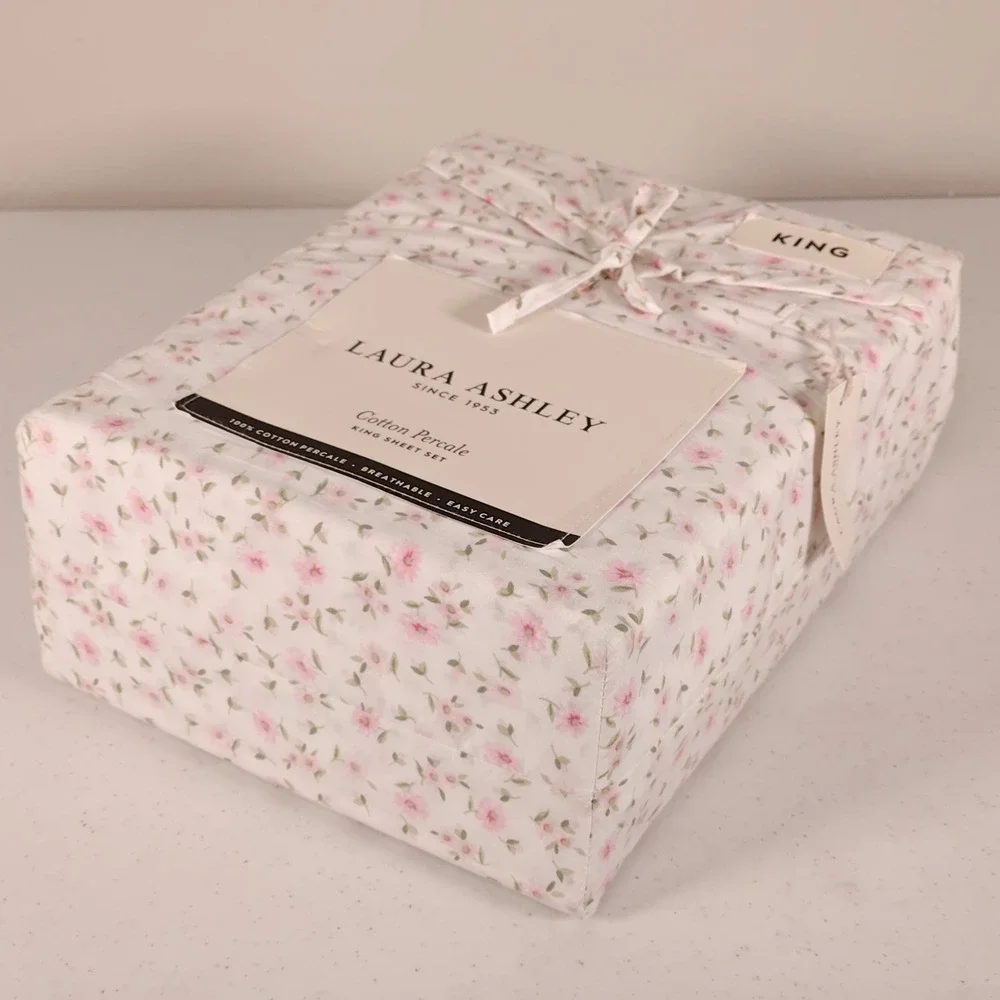 New LAURA ASHLEY King Sheet Set Little Ditsy Pink Floral Cotton Percale 4-Piece